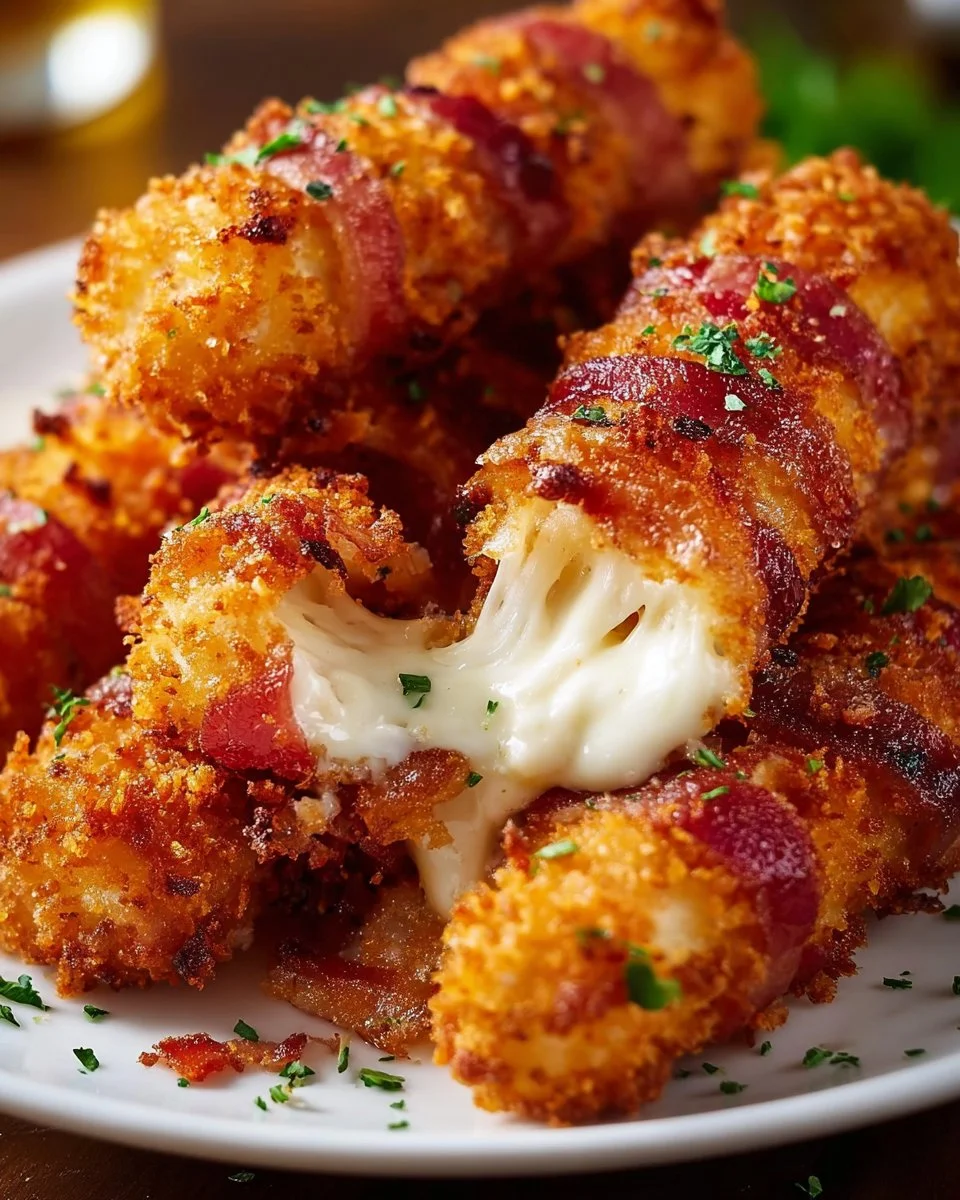 Leckere Bacon-Mozzarella-Sticks mit knuspriger Kruste und zartem Käse.