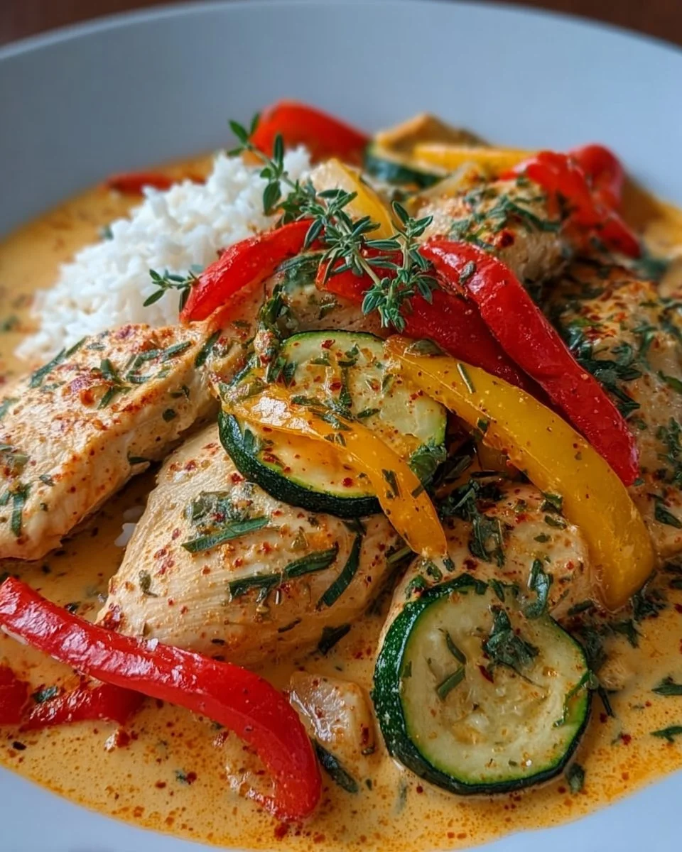 Paprika-Zucchini-Sahne-Hähnchen auf einem Teller angerichtet