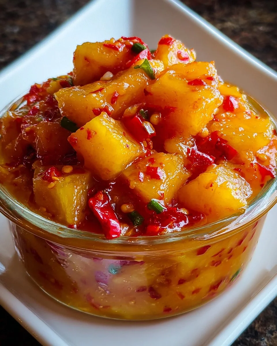 Ananas-Habanero-Chilisauce in einer Glasflasche mit frischen Zutaten