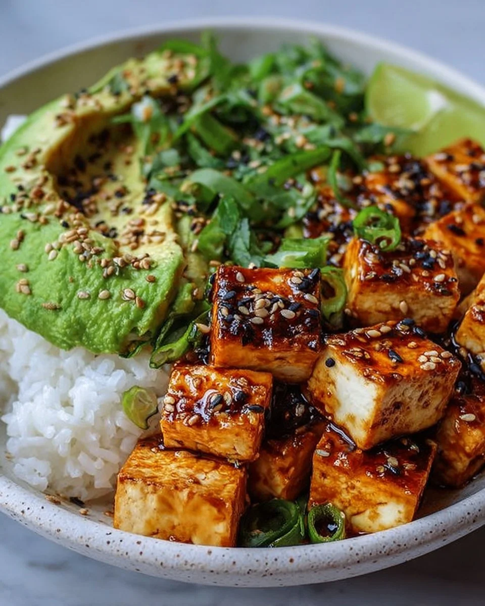 Cremige Avocado-Tofu-Reis-Bowl