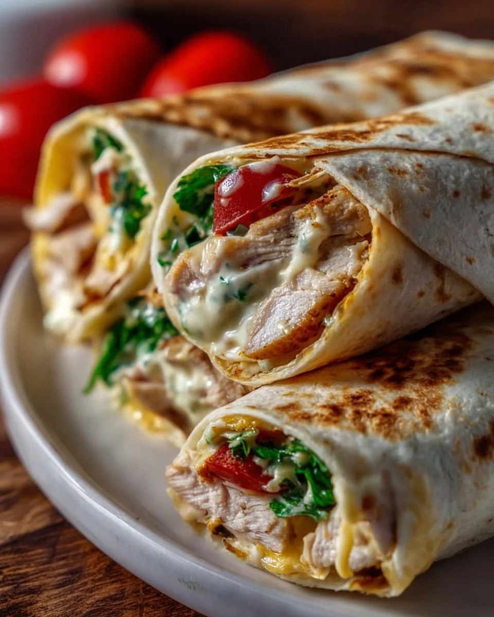 Käse-Knoblauch-Hähnchen-Wrap mit frischen Zutaten auf einem Teller