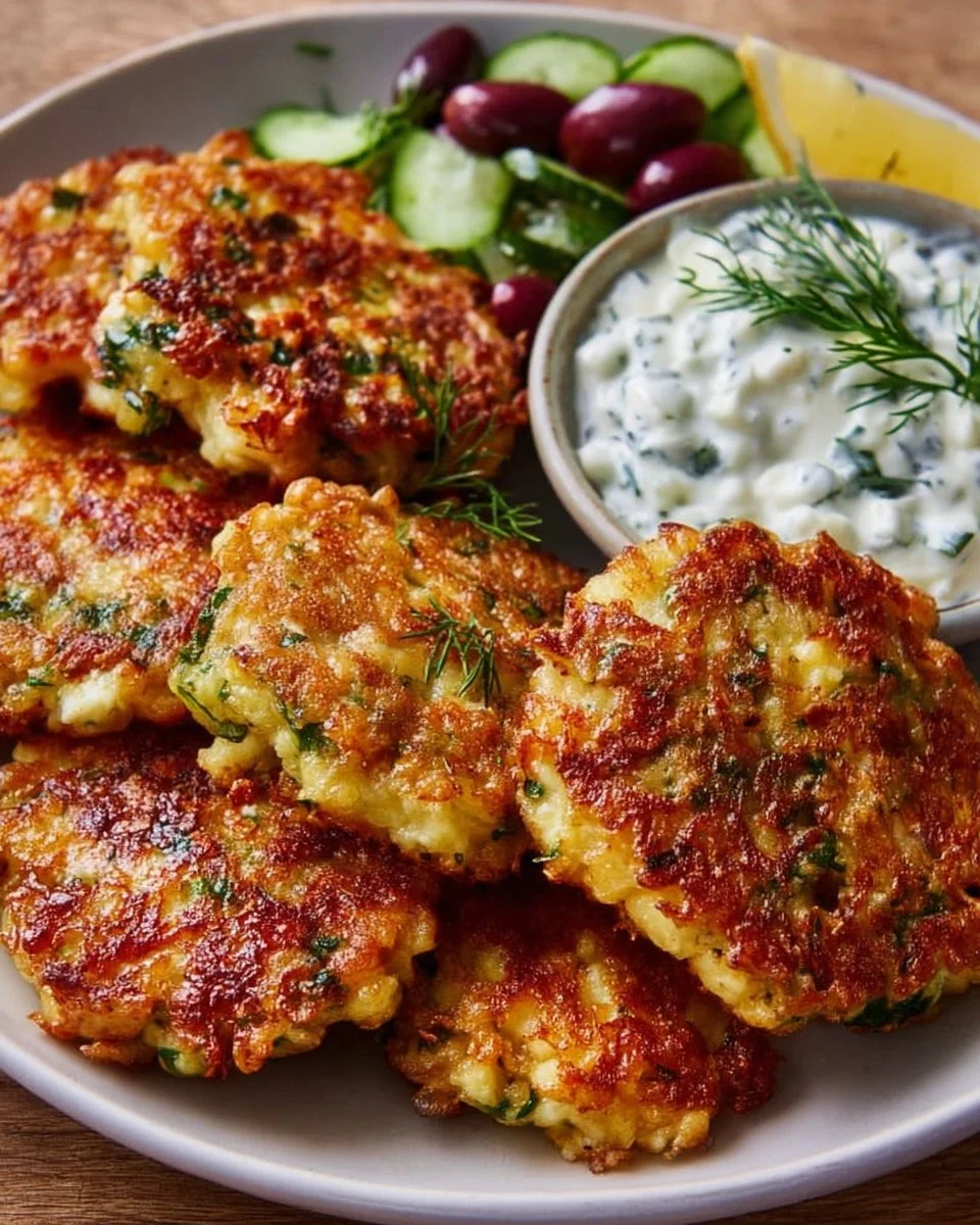 Knusprige Kartoffel-Feta-Puffer mit Joghurt-Gurken-Sauce