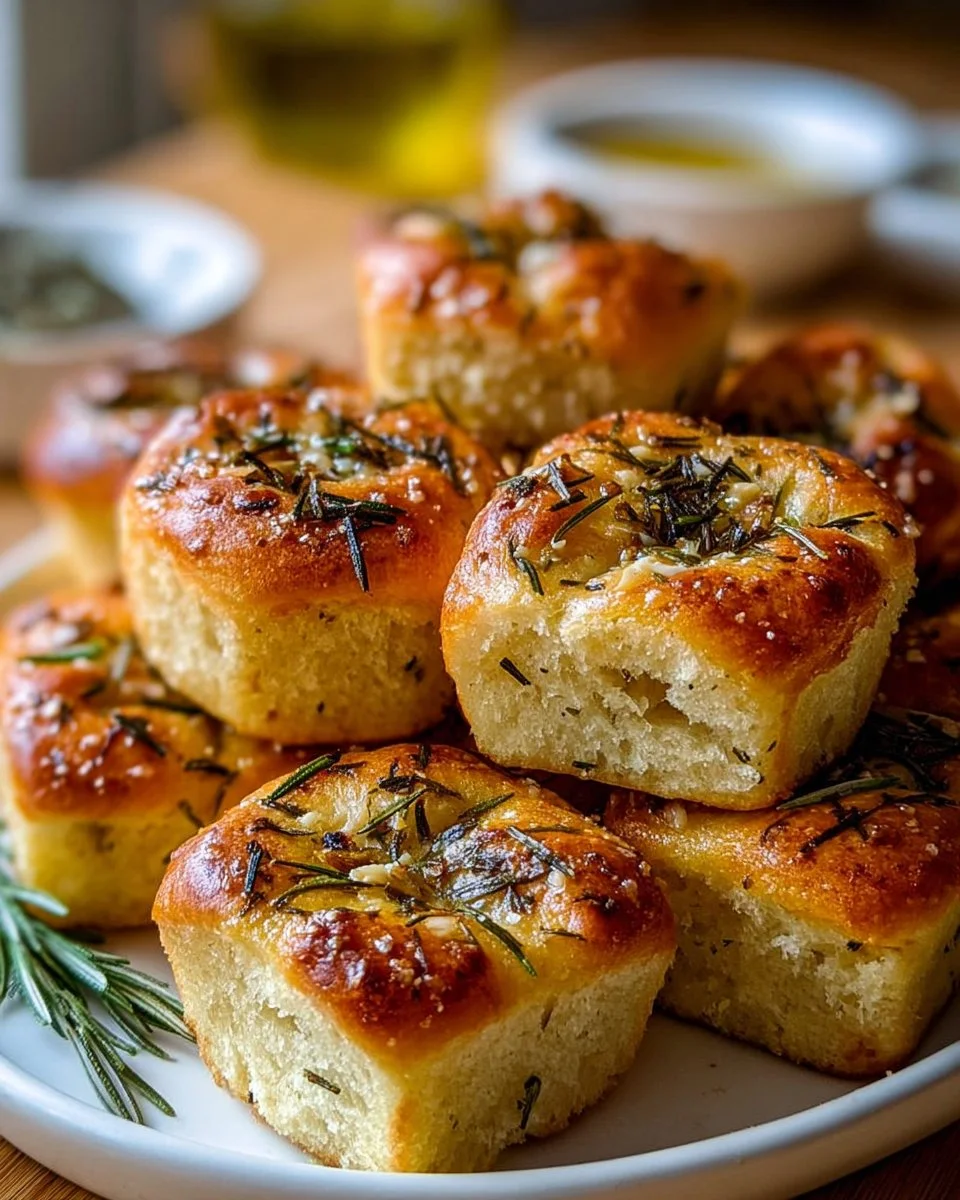 Rosmarin-Knoblauch-Focaccia-Muffins auf einem Holzbrett angerichtet