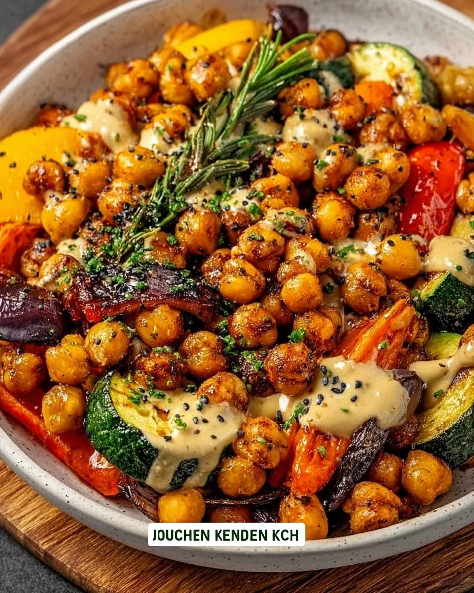 Schüssel mit geröstetem Gemüse und Kichererbsen