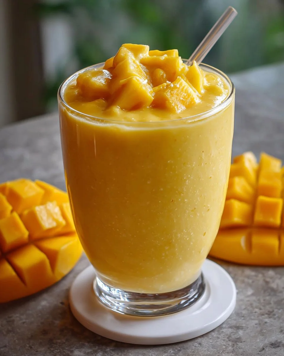 Tropischer Mango Pineapple Smoothie in einem Glas, mit frischen Früchten dekoriert.