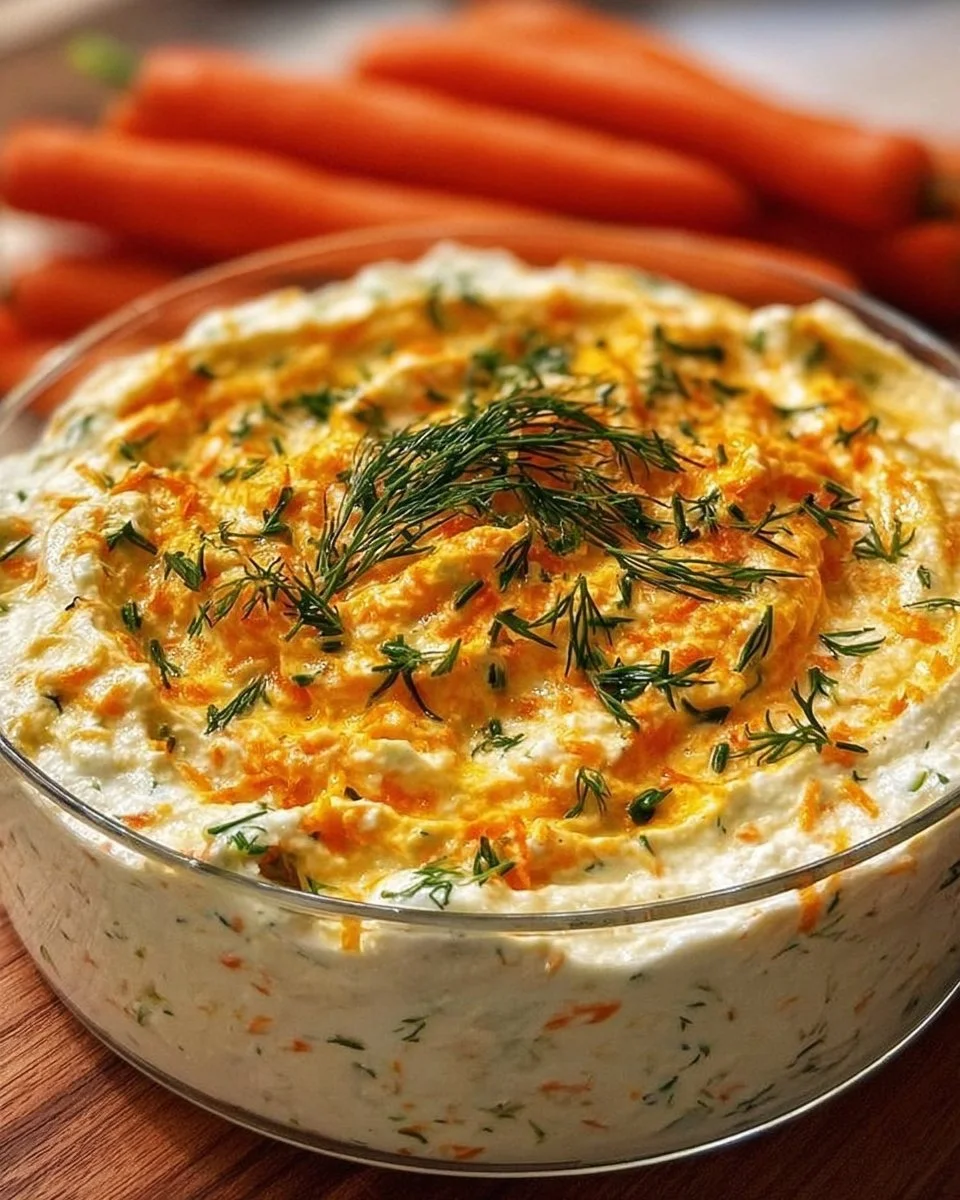 Cremiger Karotten-Dill-Dip in einer Schüssel mit frischen Kräutern.