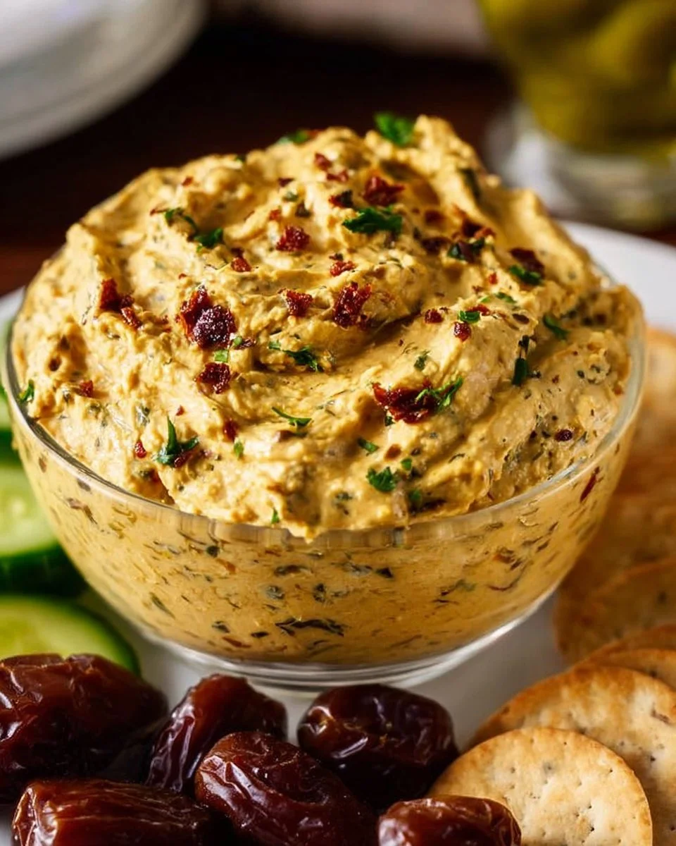 Curry-Date-Dip in einer Schüssel, garniert mit Kräutern.