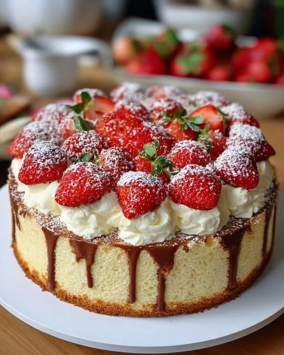 Heller Maulwurfkuchen mit Erdbeeren und Raffaellos
