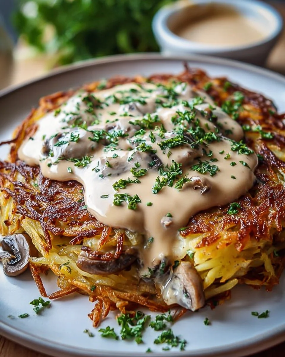 Rösti with Mozzarella and Creamy Mushroom Sauce