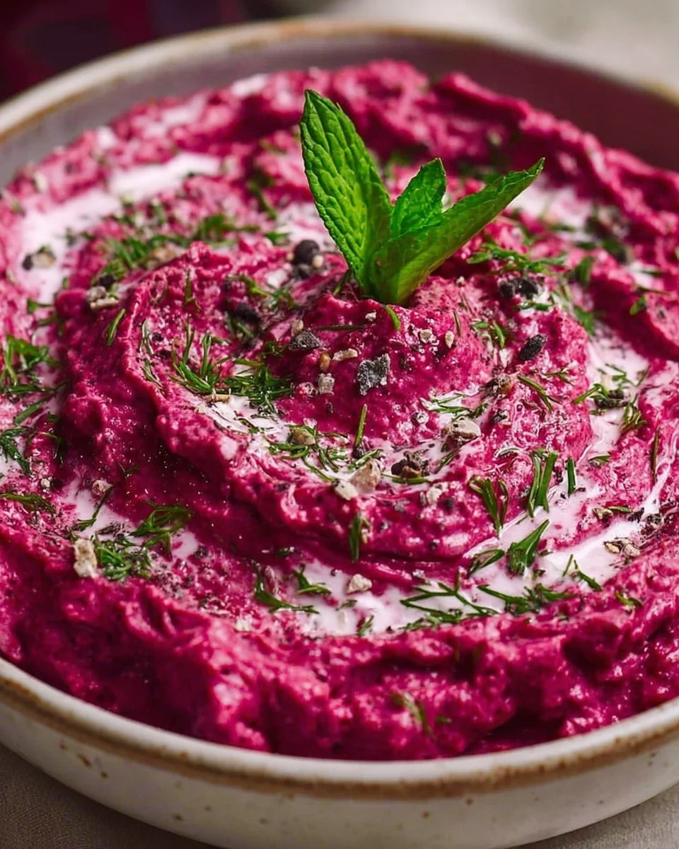 Schüssel mit Rote-Bete-Dip und frisches Gemüse zum Dippen