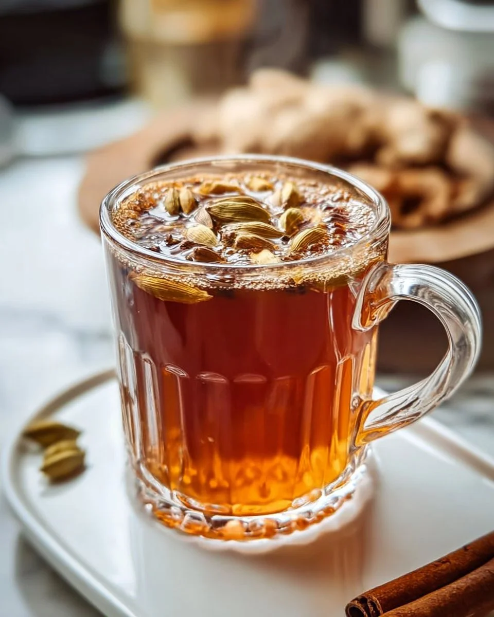 Tasse mit aromatischem Gewürztee und Gewürzen auf einem Holzbrett