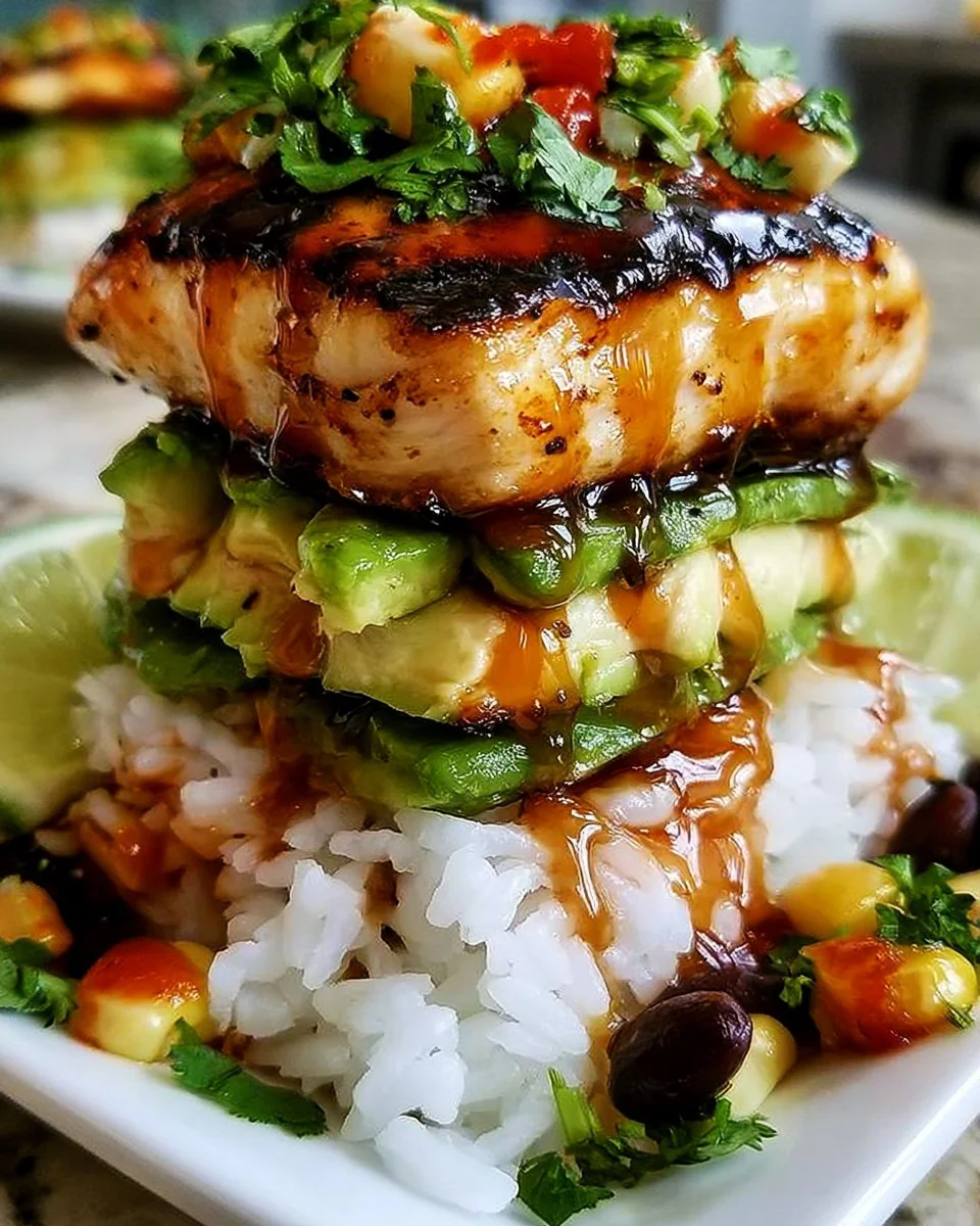Honig-Limetten-Hühnchen &amp; Avocado-Reis-Stapel
