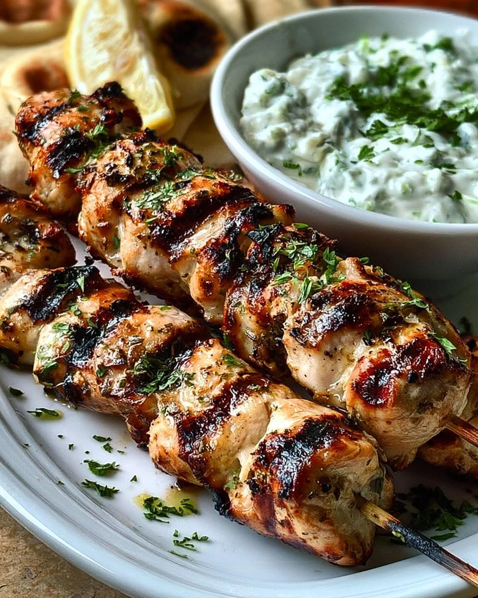 Souvlaki skewers with tzatziki and pita bread
