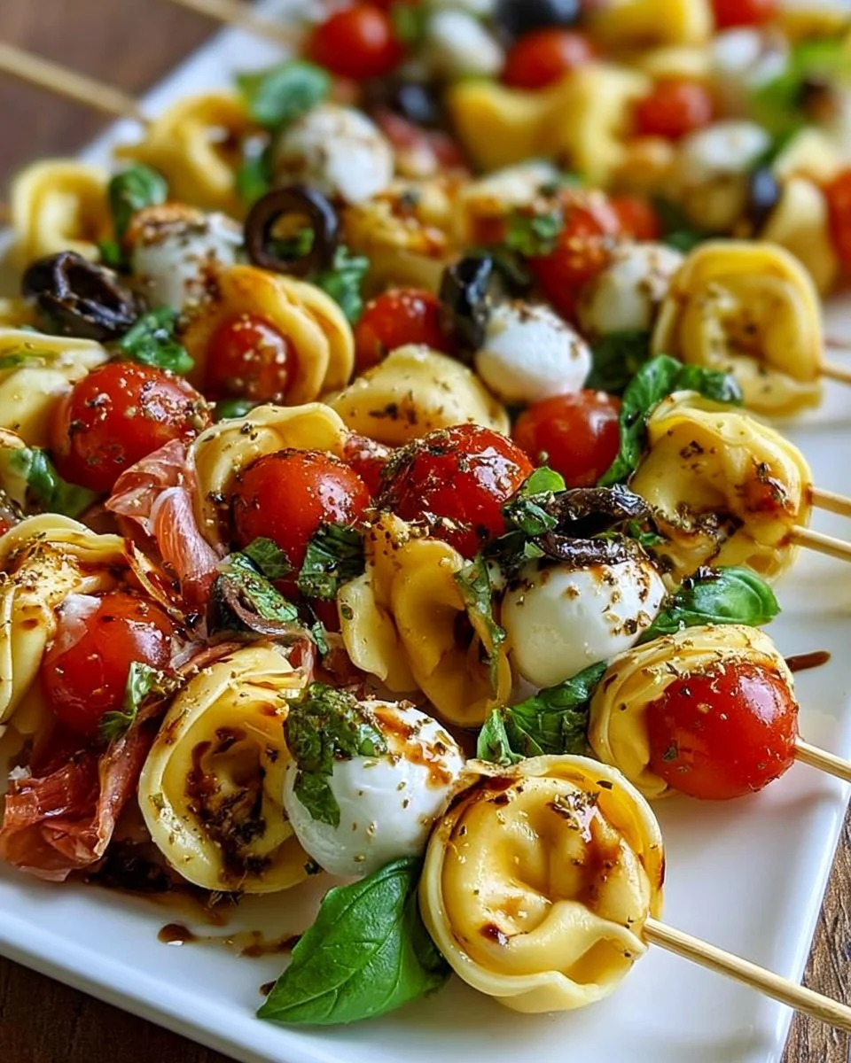 Tortellini skewers with tomato and mozzarella